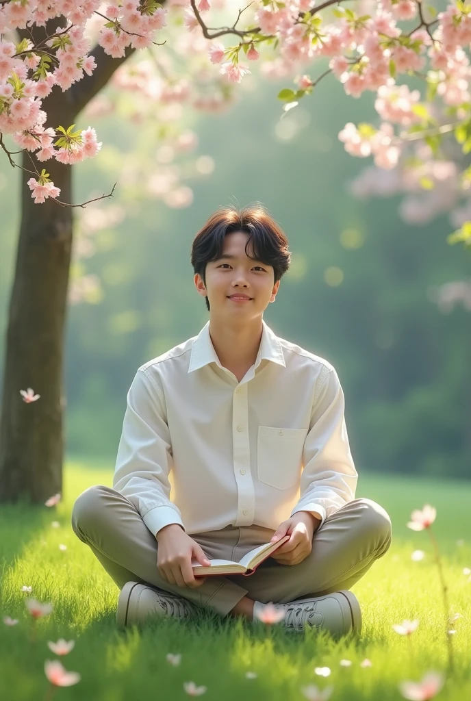Create a photo of a 17 year old Korean boy, in an open-air park, with spring clothes