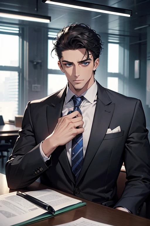 (Best Quality,4k,8k,high resolution,Masterpiece:1.2),ultra detailed,(realist,photorealist,photo-realist:1.37),1 man,31 years,mature man,very handsome,without expresion,muscled body,short gray black hair,Blue eyes,glare,perfect face without mistakes,imposing posture,businessman,office background,cinematic lighting,imagen HDR