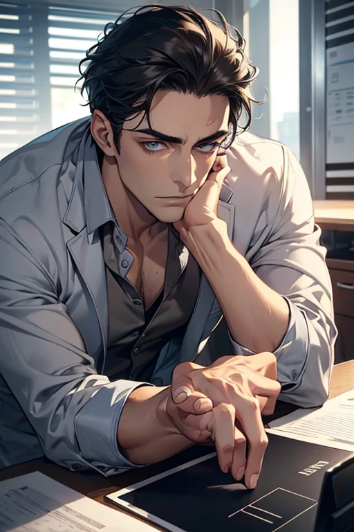(Best Quality,4k,8k,high resolution,Masterpiece:1.2),ultra detailed,(realist,photorealist,photo-realist:1.37),1 man,31 years,mature man,very handsome,without expresion,muscled body,short gray black hair,Blue eyes,glare,perfect face without mistakes,imposing posture,businessman,office background,cinematic lighting,imagen HDR
