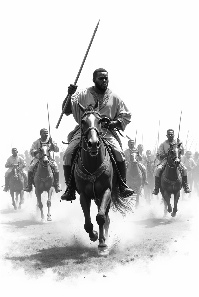illustration drawing a black and white image that contains a aggressively running african king on battle riding horse and also his crowed lot people followng him als the image should contains a white background
