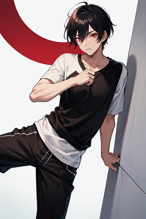 Anime boy with black hair and red eye wearing a white t shirt and wearing a full black shirt on it