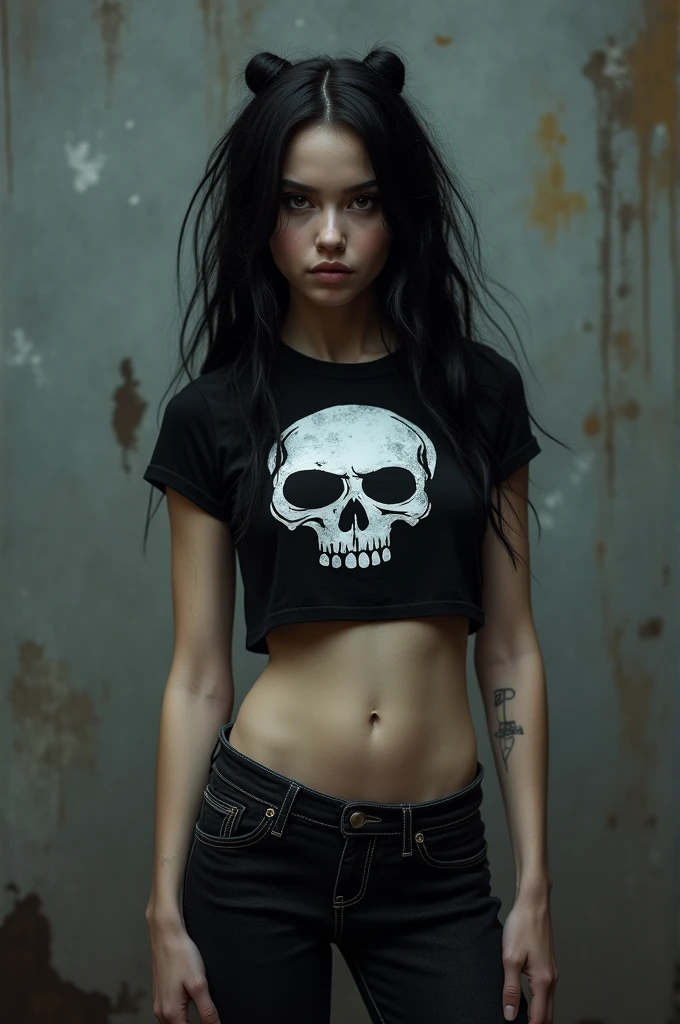 Full body. a emo woman with black hair, wearing only a black shirt with a skull design, gray panties, barefoot. 