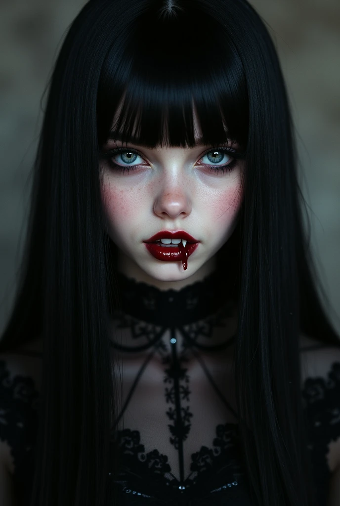 A pale woman with dark circles under her eyes. She wears a black lace outfit from the medieval period. Her hair is messy and straight, with a shade as black as night. She has small lips and wears black lipstick. She is very scary looking.