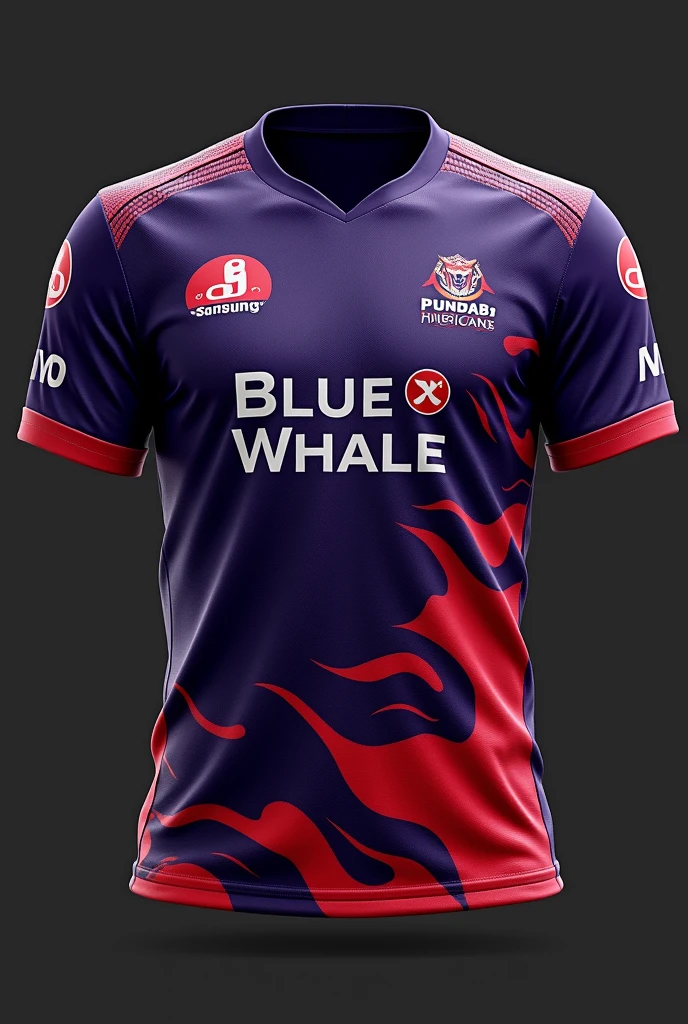 Make a cricket Jersey, mixup of dark purple n secondary colour is dark red colour n use black if u need for look cool but mostly use dark purple on Jersey n make new design which is very unique, logo in left chest will be team logo in which is written punjab hurricane , in center " Blue whale" written , sumsung in right chest , jio on shoulder