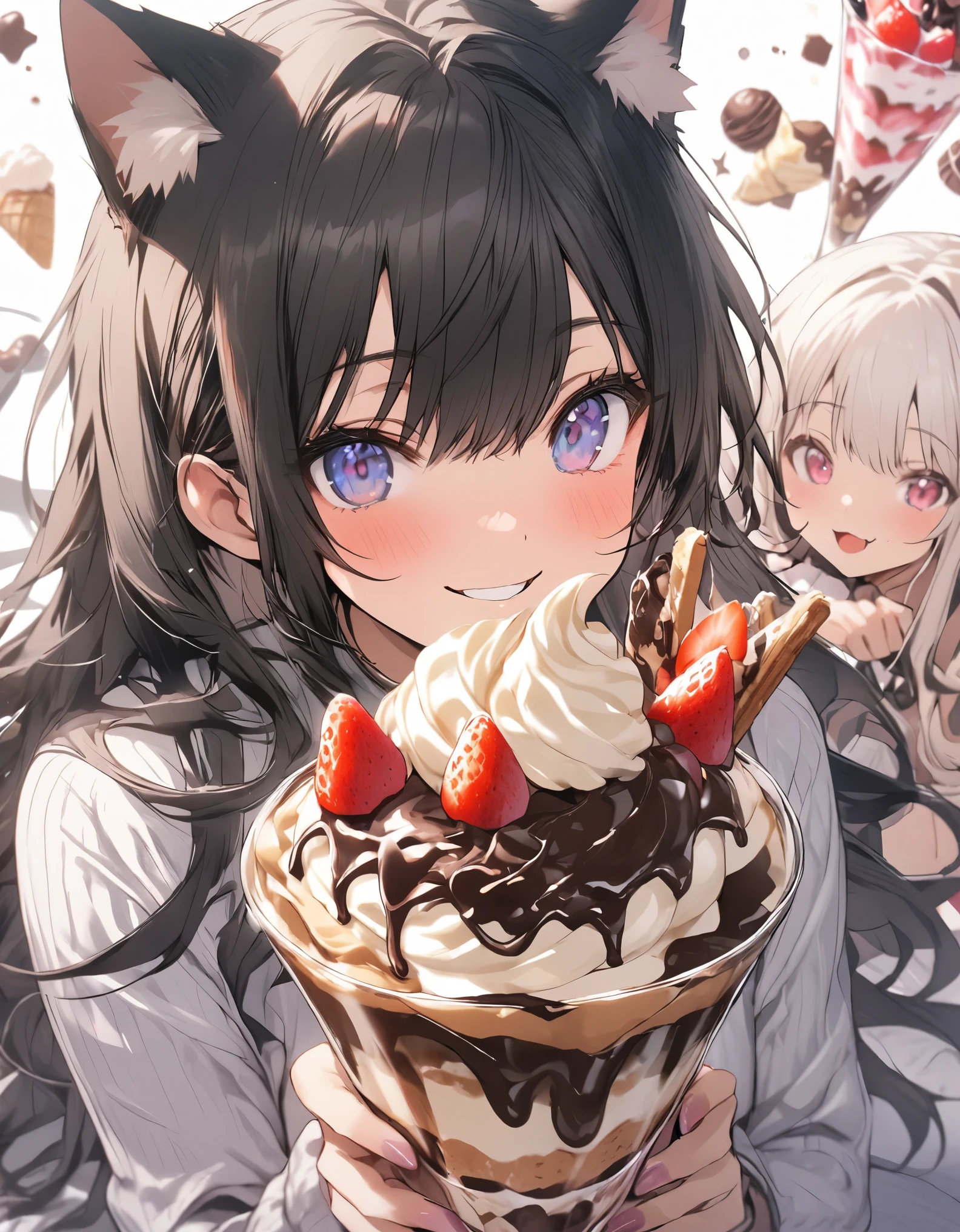 masterpiece、((2girls))、White Hair and Black Hair、Long Hair、Cat ear、smile,(((Big chocolate parfait)))、Focus on the face,sweets background