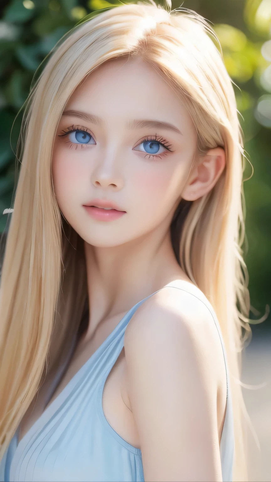 Crystal clear and shiny skin、Cute 13 year old with beautiful face、Very large, beautiful, bright, pale sky blue eyes、Very big eyes、Super long straight hair that shines in the light、Long, silky bangs that cover her cute eyes、Hair that hides sexy features、too long bangs、Sexy and cute young beauty、Super long natural young blonde hair with sparkling highlights Blonde over one eye Blonde over one eye、Blonde hair between the eyes