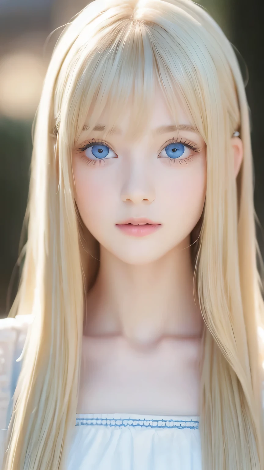 Crystal clear and shiny skin、Cute with beautiful face、Very large, beautiful, bright, pale sky blue eyes、Very big eyes、Super long straight hair that shines in the light、Long, silky bangs that cover her cute eyes、Hair that hides sexy featurtoo long bangs、Sexy and cute ng beauty、Super long natural young blonde hair with sparkling highlights Blonde over one eye Blonde over one eye、Blonde hair between the eyes