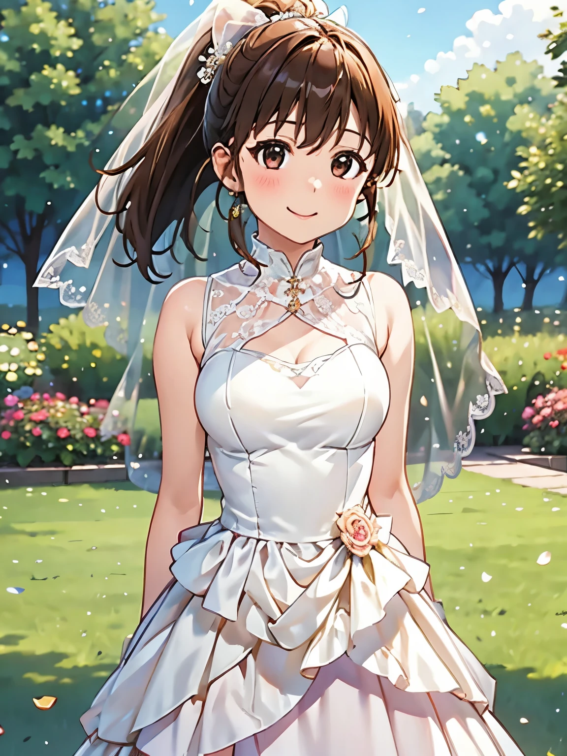 (masterpiece, Highest quality:1.2), One girl, alone、ponytail、One girl, alone、smile、Closed Mouth、{{真っ白なWedding dress:1.5}}、（transparent short veil：1.5）、Highly detailed face,garden,Private Server, Wedding dress、shawl、Absolute reference to the center、short wedding veil、4Ｋ，8Ｋ,(Genuine、Genuine志向、photograph、Genuine志向:1.3）、High resolution、超High resolution、超High resolutionの絵画、Cowboy Shot