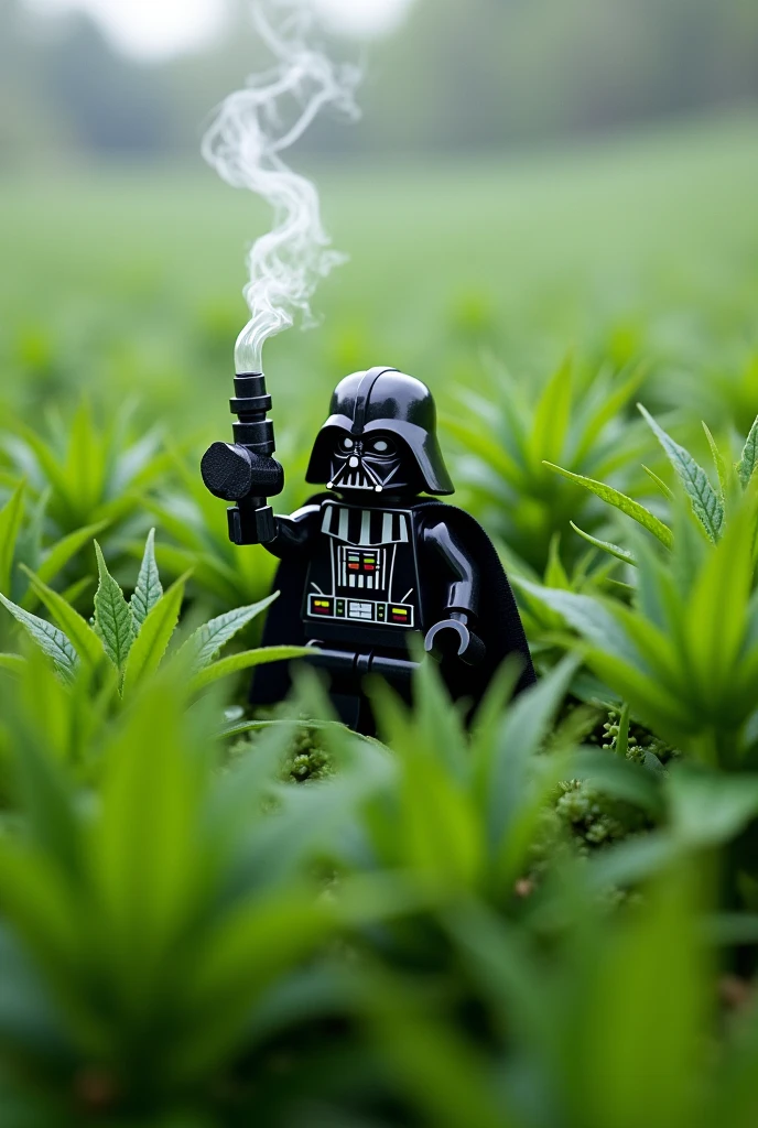 hemp field, only the tops of the plants are visible. Somewhere in the middle, a minifigure of Lego Darth Vader is visible waist-deep in the grass with one arm raised up. In this hand he holds a smoking blaster from Star Wars, pipe-like 