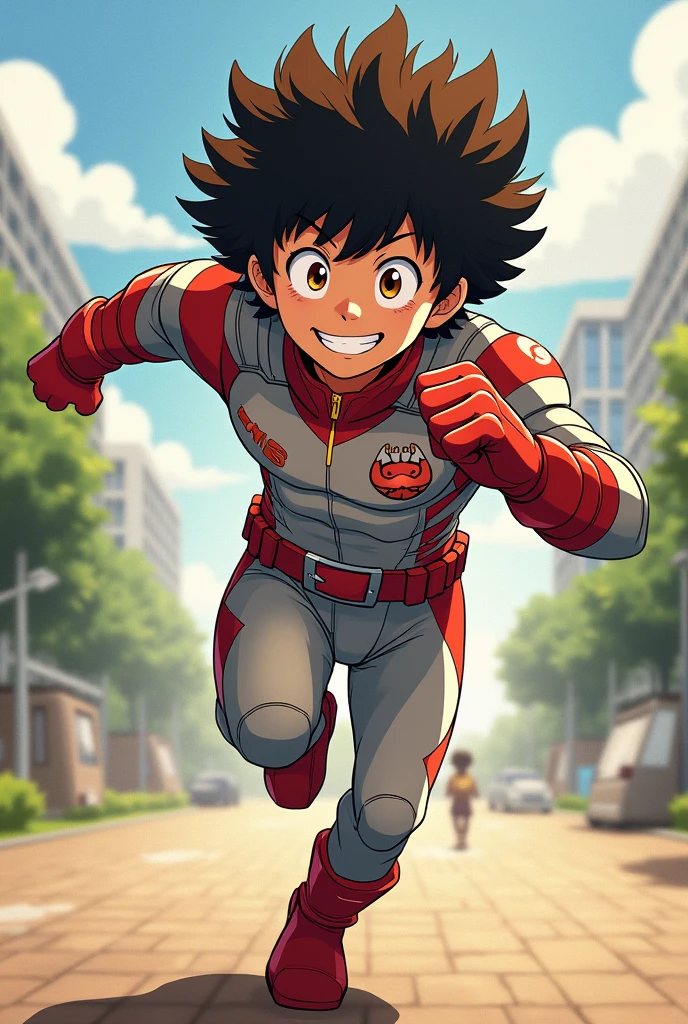 Gender: Male、Looks like a student、The skin color is wheat brown.、eye color is brown,、Her hair is brown and fluffy with a perm.、With a smile on your face、The suit is silver with red accents.、The cat mark is decorated。Special ability is camouflage.、Please make the illustration a little bit My Hero Academia。The pose is running towards somewhere!!So that the whole body can be seen!!