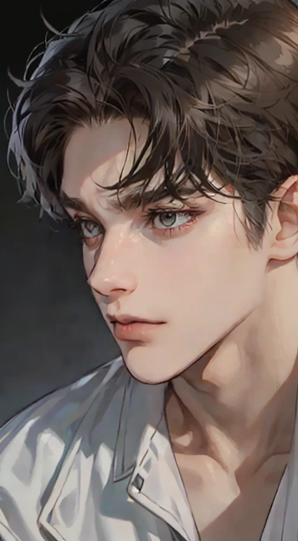 masutepiece, Best Quality, Realistic, 1man, matured male, Quiet and charming young man, 25 years old, closing eye, Serious look, extra detailed face, ((dark grey eyes)), ((Short right sweep dark brown hair)), [Thick eyebrows], detective, Plain background, ((Suit)), Cinematic lighting, gaze at the audience, Postural dynamics