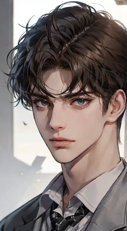 masutepiece, Best Quality, Realistic, 1man, matured male, Quiet and charming young man, 25 years old, closing eye, Serious look, extra detailed face, ((dark grey eyes)), ((Short right sweep dark brown hair)), [Thick eyebrows], detective, Plain background, ((Suit)), Cinematic lighting, gaze at the audience, Postural dynamics