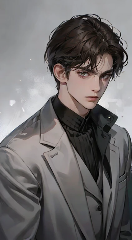 masutepiece, Best Quality, Realistic, 1man, matured male, Quiet and charming young man, 25 years old, closing eye, Serious look, extra detailed face, ((dark grey eyes)), ((Short right sweep dark brown hair)), [Thick eyebrows], detective, Plain background, ((Suit)), Cinematic lighting, gaze at the audience, Postural dynamics