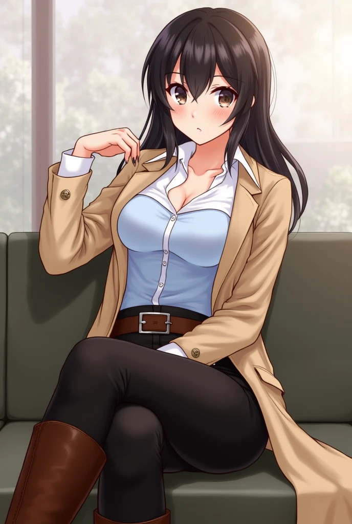 1girl, 34yo sofia takigawa_jav, breasts, eyelashes, looking at viewer, cowboy shot, sitting, crossing legs, dynamite lighting, attractive body, wearing office attire, white blouse, light blue singlet, belt, black pants, tan trench coat, brown knee heel boots