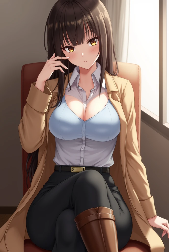 1girl, 34yo sofia takigawa_jav, breasts, eyelashes, looking at viewer, cowboy shot, sitting, crossing legs, dynamite lighting, attractive body, wearing office attire, white blouse, light blue singlet, belt, black pants, tan trench coat, brown knee heel boots 