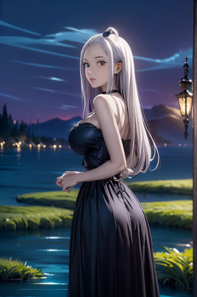 (ultra realistic,32k, masterpiece:1.2),(high detailed skin:1.1),( high quality:1.1),
eft_fairytail_mirajane, (blue eyes:0.5), cleavage, solo, long hair, choker, white hair, collarbone, dress, black dress, bare shoulders, bangs pinned back,,(from behind, looking at viewer, standing,:1.1),, huge breast,large breast,,(ambient lighting:1.1), twilight haven, twilight skies, tranquil waters, realm of mythical creatures, blurry background,