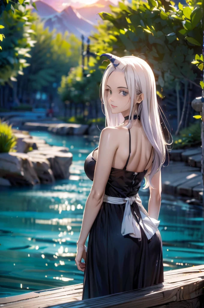 (ultra realistic,32k, masterpiece:1.2),(high detailed skin:1.1),( high quality:1.1),
eft_fairytail_mirajane, (blue eyes:0.5), cleavage, solo, long hair, choker, white hair, collarbone, dress, black dress, bare shoulders, bangs pinned back,,(from behind, looking at viewer, standing,:1.1),, huge breast,large breast,,(ambient lighting:1.1), twilight haven, twilight skies, tranquil waters, realm of mythical creatures, blurry background,