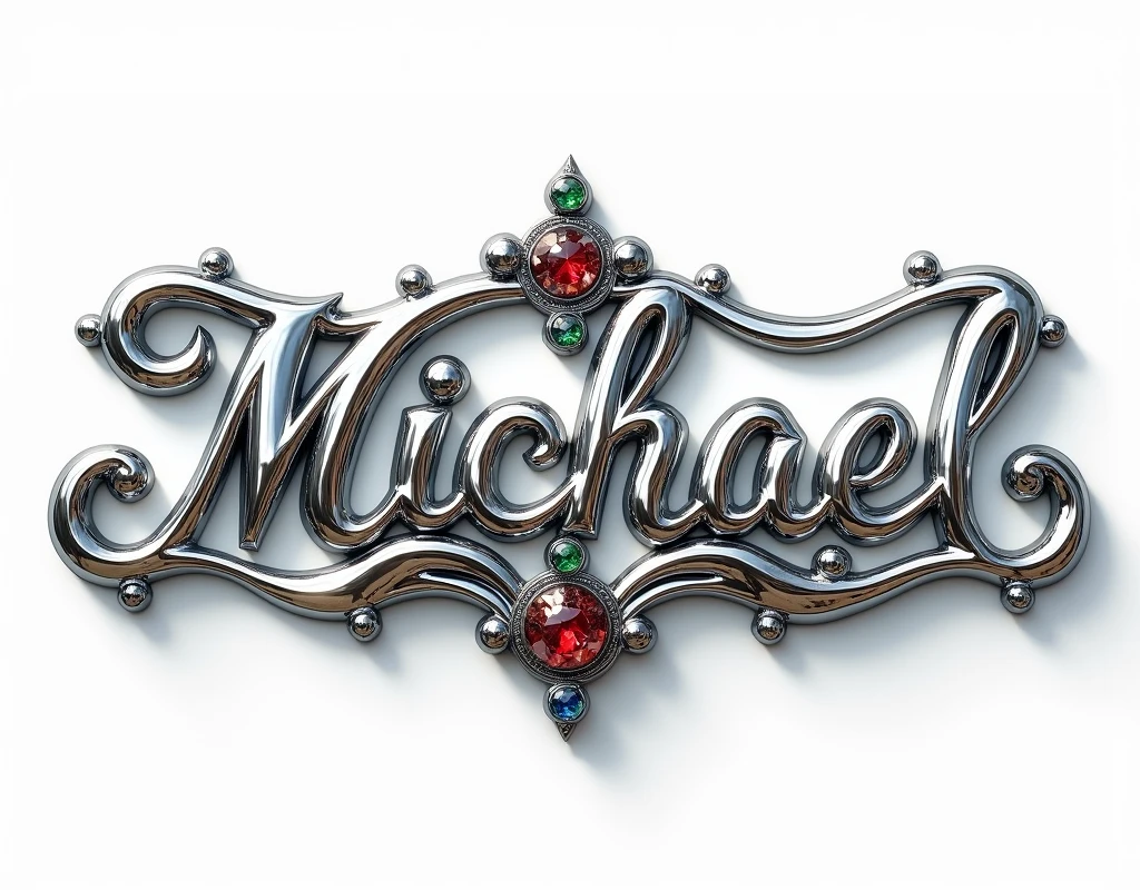 shiny highly polished silver chrome fancy art nouveau script text with flattened surface, large, (text:"Michael") The word, matching frame borders corners underline, inset round rubies and emeralds and lapis lazuli, logo, flowing art nouveau shapes, front face flat view on white background, direct front lit sunny tropical reflection in text face, highlights, lens flare, badge, emblem, insignia, label, photorealistic, extremely detailed, beautiful, unique, epic, 