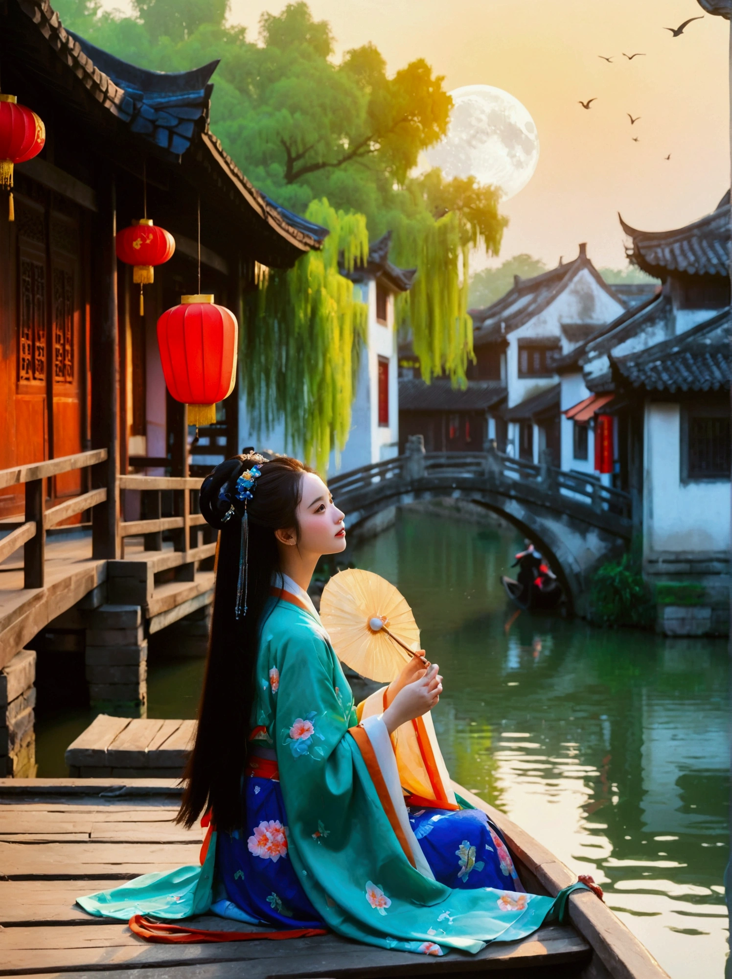 (8k，bright颜色，bright，Ultra high saturation，rgb, rich and colorful), cartoon, role conception, Surreal photos，Fantasy Garden，Aesthetic healing，moon，Star，Beautiful and poetic，Minimalism平面插画，Jiangnan countryside in summer，Beautiful modern Wuzhen，Beautiful long-haired girl sitting in a boat，Wearing modern Hanfu，Behind is a crowded stone bridge，Super happy，joy，The skyline in the distance，A fusion of ancient and modern，Bustling tourist crowd，Full of poetry，Clean background，Dynamic，Hazy feeling，Layering，Has a stunning visual effect，Fascinating lighting，Bright and vivid colors，Chiaroscuro，Wu Guanzhong Style，Flat，Minimalism，high quality，High Detail，HD晰，masterpiece，masterpiece，The painting style is meticulous，Refreshing colors，HD，in the style of Pre-Raphaelite Brotherhood