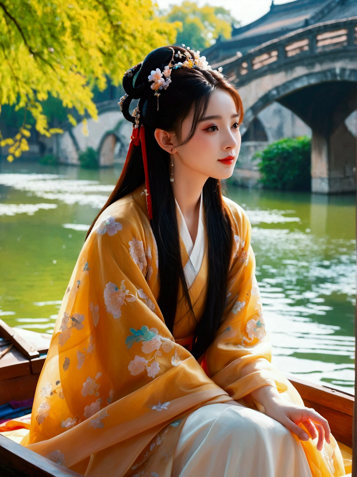 (8k，bright颜色，bright，Ultra high saturation，rgb, rich and colorful), cartoon, role conception, Surreal photos，Fantasy Garden，Aesthetic healing，moon，Star，Beautiful and poetic，Minimalism平面插画，Jiangnan countryside in summer，Beautiful modern Wuzhen，Beautiful long-haired girl sitting in a boat，Wearing modern Hanfu，Behind is a crowded stone bridge，Super happy，joy，The skyline in the distance，A fusion of ancient and modern，Bustling tourist crowd，Full of poetry，Clean background，Dynamic，Hazy feeling，Layering，Has a stunning visual effect，Fascinating lighting，Bright and vivid colors，Chiaroscuro，Wu Guanzhong Style，Flat，Minimalism，high quality，High Detail，HD晰，masterpiece，masterpiece，The painting style is meticulous，Refreshing colors，HD，in the style of Pre-Raphaelite Brotherhood