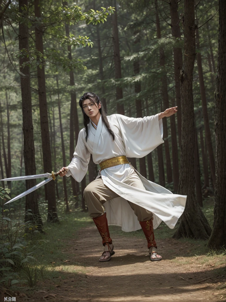 wuxia, best quality, 8k, very delicate and beautiful, highly detailed face and skin texture, shiny skin, high resolution, long hair chinese male swordsman wearing chinese traditional costume with sword at forest, full body, sharp focus