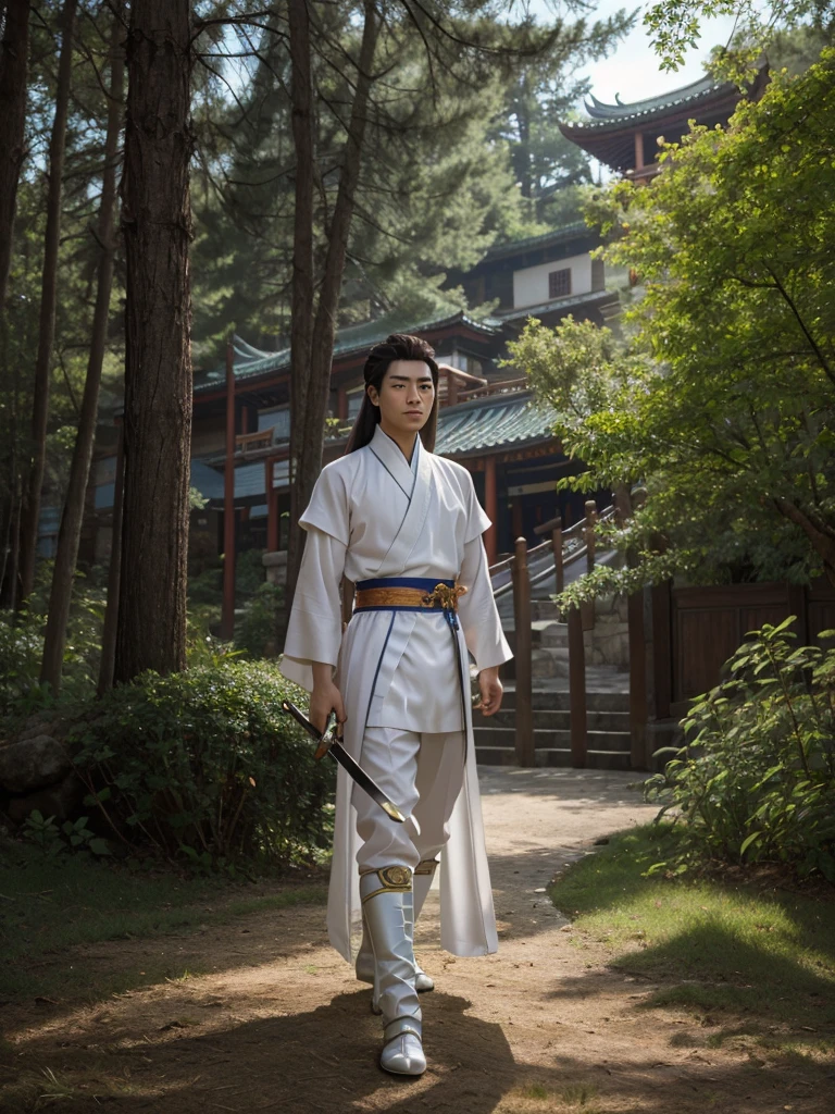 wuxia, best quality, 8k, very delicate and beautiful, highly detailed face and skin texture, shiny skin, high resolution, long hair chinese male swordsman wearing chinese traditional costume with sword at forest, full body, sharp focus