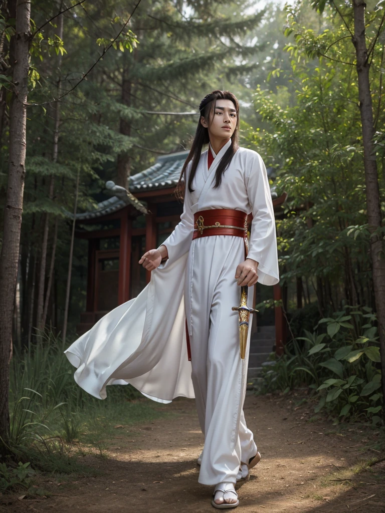 wuxia, best quality, 8k, very delicate and beautiful, highly detailed face and skin texture, shiny skin, high resolution, long hair chinese male swordsman wearing chinese traditional costume with sword at forest, full body, sharp focus