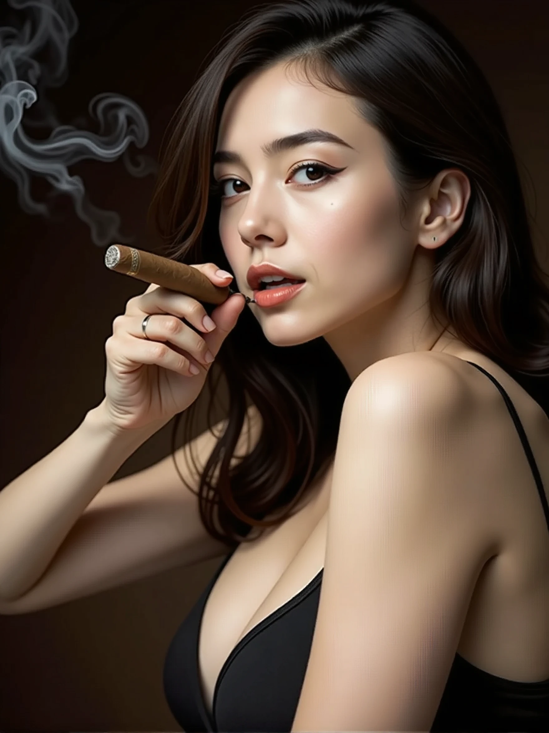 front view, 1 girl, female, solo, smoking cigar ,made in Cuba , (masterpiece, Highest quality, masterpiece, God-like quality, Godly art, Very realistic)