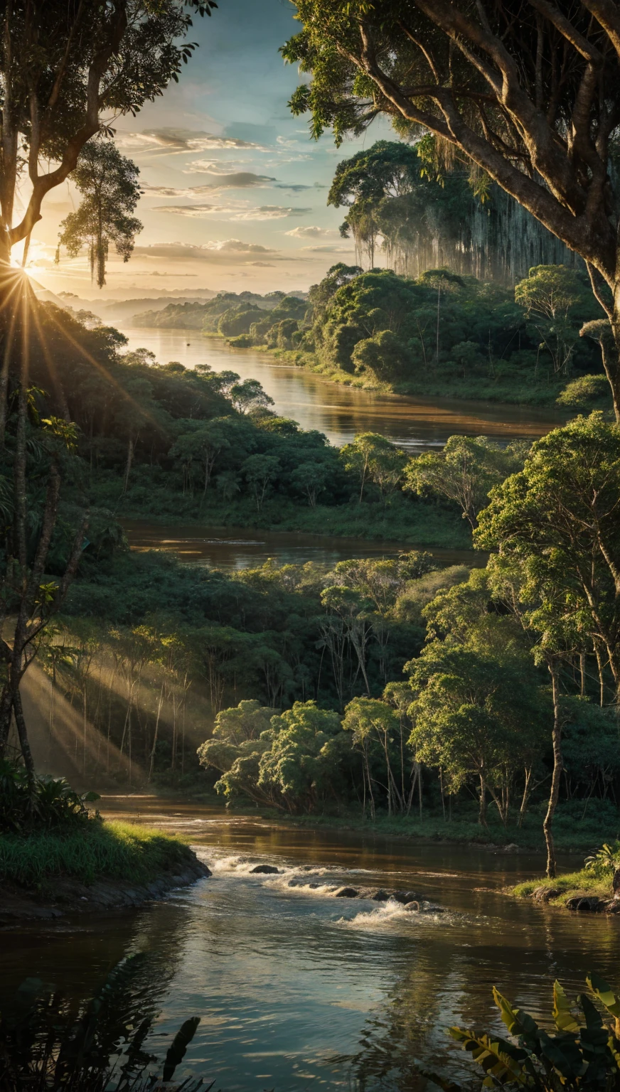 Depicting a mysterious river in the Amazon forest、Ultra-realistic and highly detailed beautiful masterpiece, With the setting sun, 