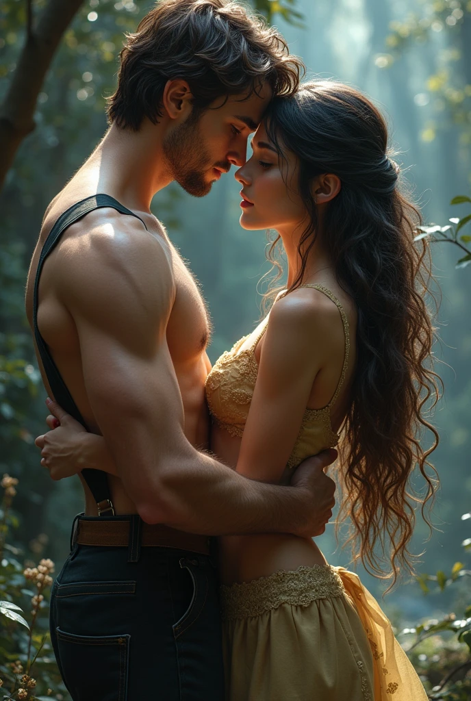 fantasy couple, young muscular man blue eyes brown hair wearing a suspenders pants without a shirt, woman black golden hair, whole body