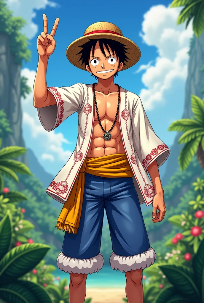 Monkey D. Luffy wearing Philippine white Barong with peace sign
