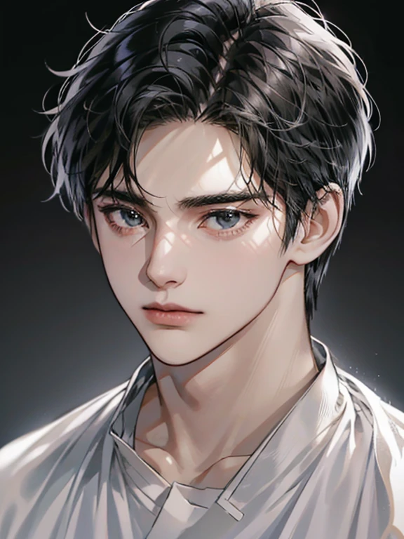 (best quality digital art digital illustration 4k high resolution beautiful image hyper-detailed image perfect lines soft lighting night environment focus face soft zoom) (1:1 photorealistic) (neutral colors hdr 1.4) a young adult man (thoughtful expression) black and white modern clothes black eyes medium black hair