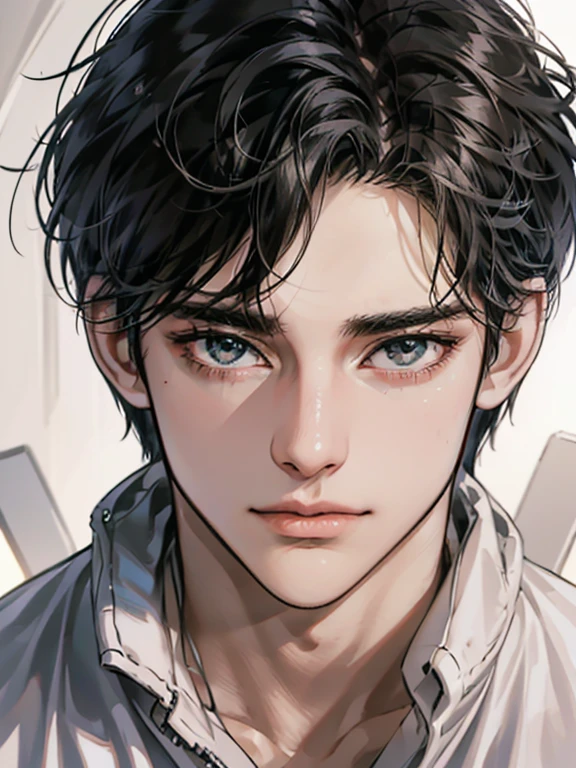 (best quality digital art digital illustration 4k high resolution beautiful image hyper-detailed image perfect lines soft lighting night environment focus face soft zoom) (1:1 photorealistic) (neutral colors hdr 1.4) a young adult man (thoughtful expression) black and white modern clothes black eyes medium black hair