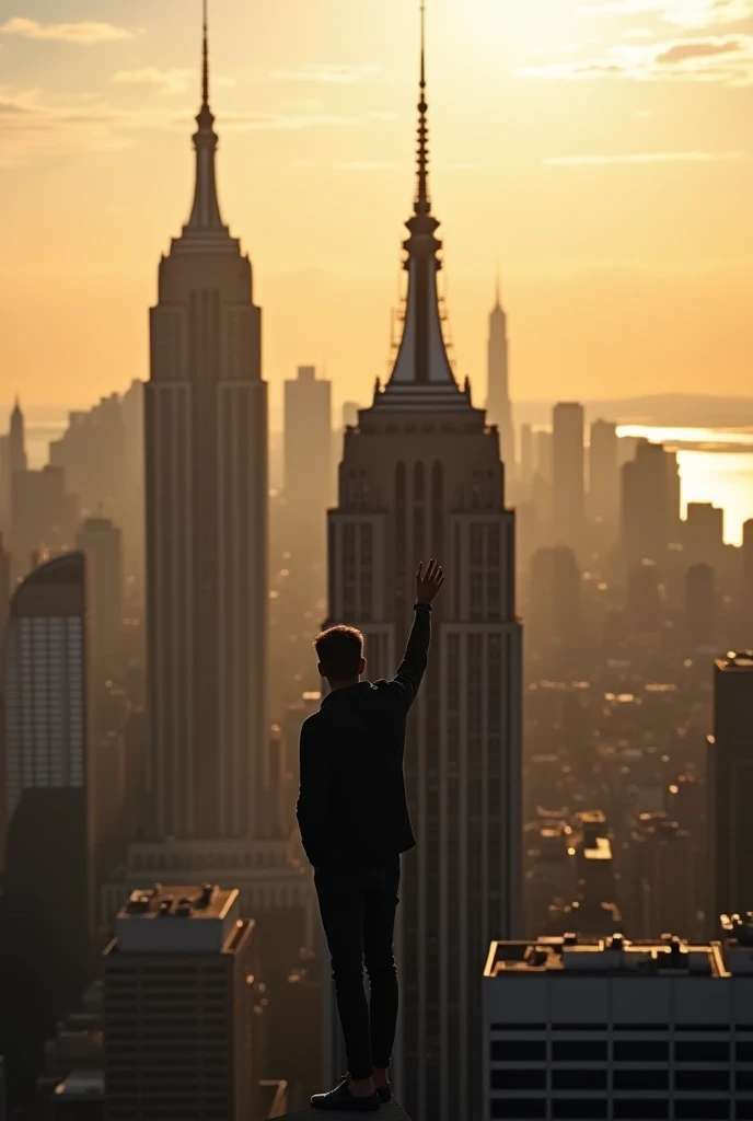 standing ontop of the empire state building looking down on NYC as he holds on with one arm, cinematic, dramatic light, golden hour, haze, crystal clear image, highly detailed