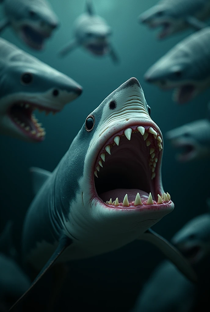 The strongest shark embryos, within the womb, modern era, surrounded by their siblings in a competitive struggle, devouring unfertilized eggs, with a shadowy fluid-filled background, macro shot, hyper-realistic, photo realism, cinematography --ar 9:16.