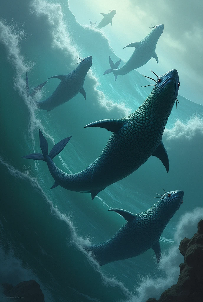Create an illustration of sea creatures called Yaspers, adapted into an epic fantasy. They must look majestic and robust., with large, scaly bodies of deep blue and green colors. Each Yasper must have elegant fins and a long, powerful tail., with bright eyes that convey intelligence and calm. They are sailing through a rough sea, surrounded by waves and fog. The scene must convey the grandeur and nobility of these beings., with an atmosphere of mystery and adventure