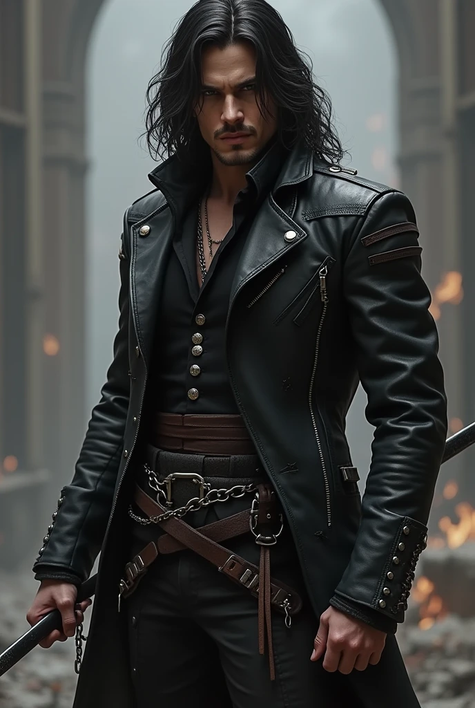 Create a Trevor Belmont-style hunter, he must have black clothes, with a leather jacket, must use a chain/whip as main weapon 