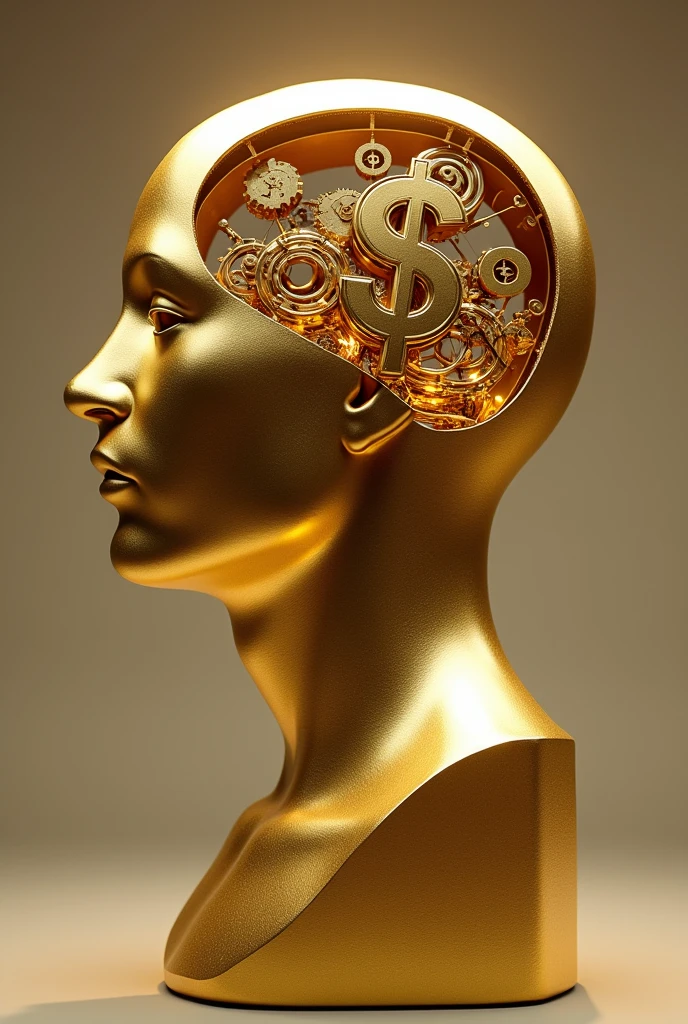Gold statue showing inside mans head with a dollar sign