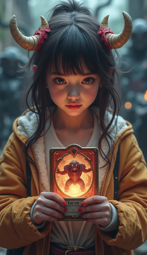 masterpiece, Highest image quality, realistic photo, Raw photo, full body photo, (monster card game, card size is big, girl play the monster card game, she pick up 4 cards and summon monster behind, card monster in background,)
