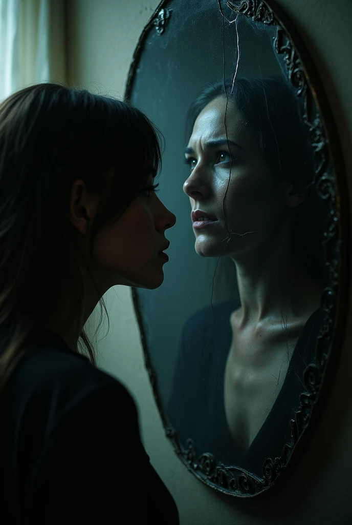 An individual looking at her reflection in a mirror where the reflection shows a distorted and dark version of herself representing the struggle with inner demons.