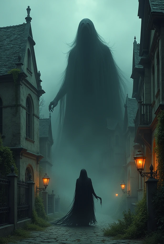 Ghost town with dark European architecture with lanterns and a black specter