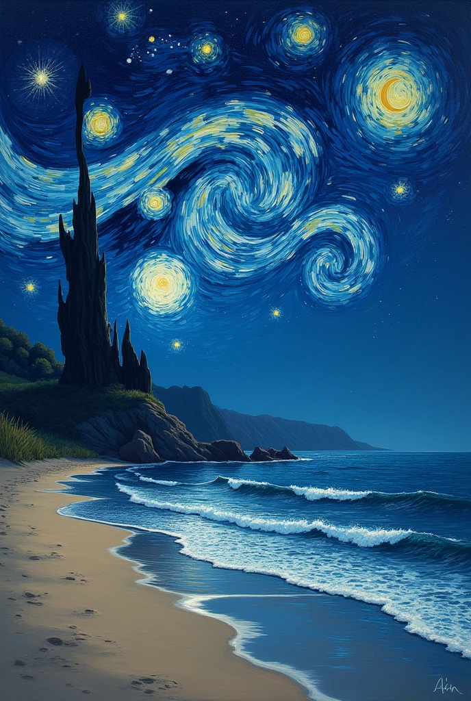 Starry night by van Gogh with beach more realistic and night time