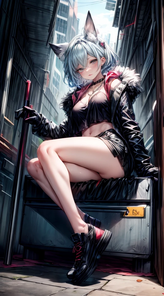 Oh, league of legend, sexy for, wallpapers, detailed eyes, fox ear, (fox tails), a skirt, (long pink fur), medium breasts, Looking at_It is shown in_Looking atl espectador, short_hair, gloves, belly button, fail, blue_there are eyes, Eternal, full_body, weapon, Footwear, necklaces, negro_gloves, pulp, hooded, hair_overcome_Yoon_there are eyes, Cultivator_above, hoodie, negro_pants, sneakers, Cut_jacket, cyber punk character, Cut_hoodie