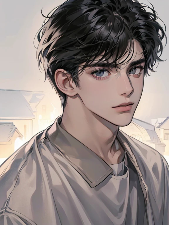 (best quality digital art digital illustration 4k high resolution beautiful image hyper-detailed image perfect lines soft lighting night environment focus face soft zoom) (1:1 photorealistic) (neutral colors hdr 1.4) a young adult man (thoughtful expression) black and white modern clothes black eyes medium black hair