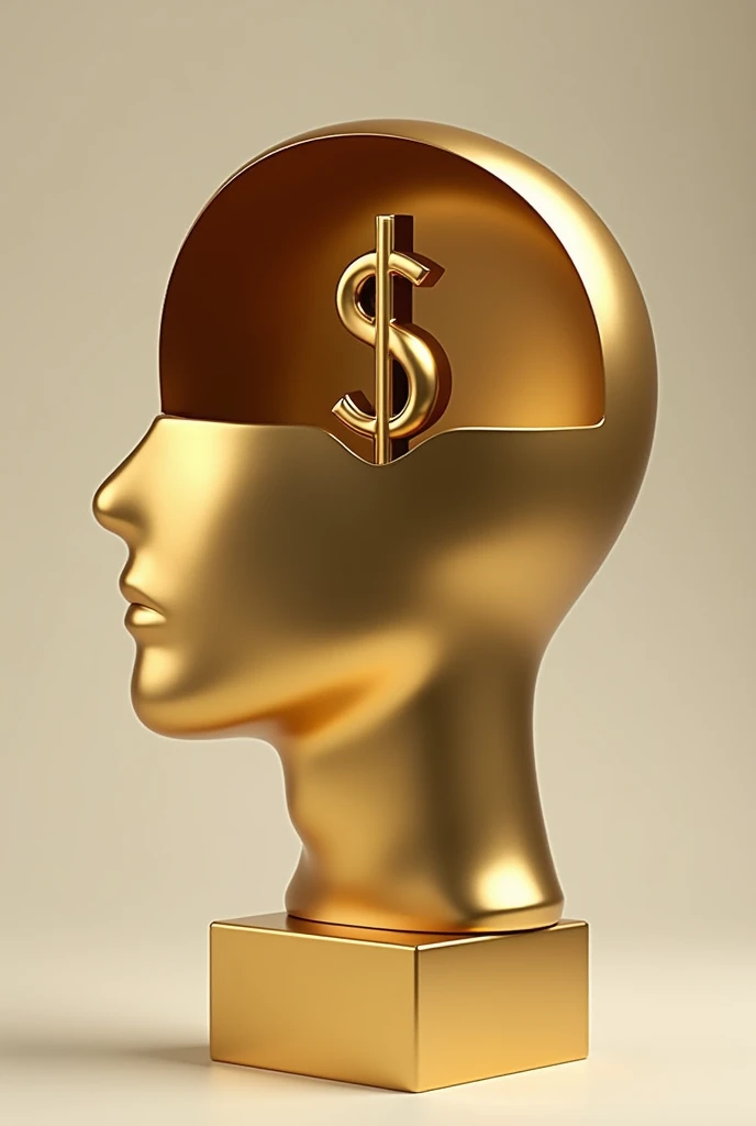 Gold statue showing inside mans head with a dollar sign