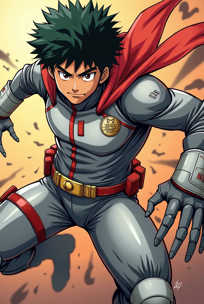 Gender: Male、Looks like a student、The skin color is wheat brown.、eye color is brown,、Her hair is brown and fluffy with a perm.、His expression was serious.、The suit is silver with red accents.、The cat mark is decorated。Special ability is camouflage.、Please make the illustration a little bit My Hero Academia。Fighting the enemy、So that the whole body can be seen!!