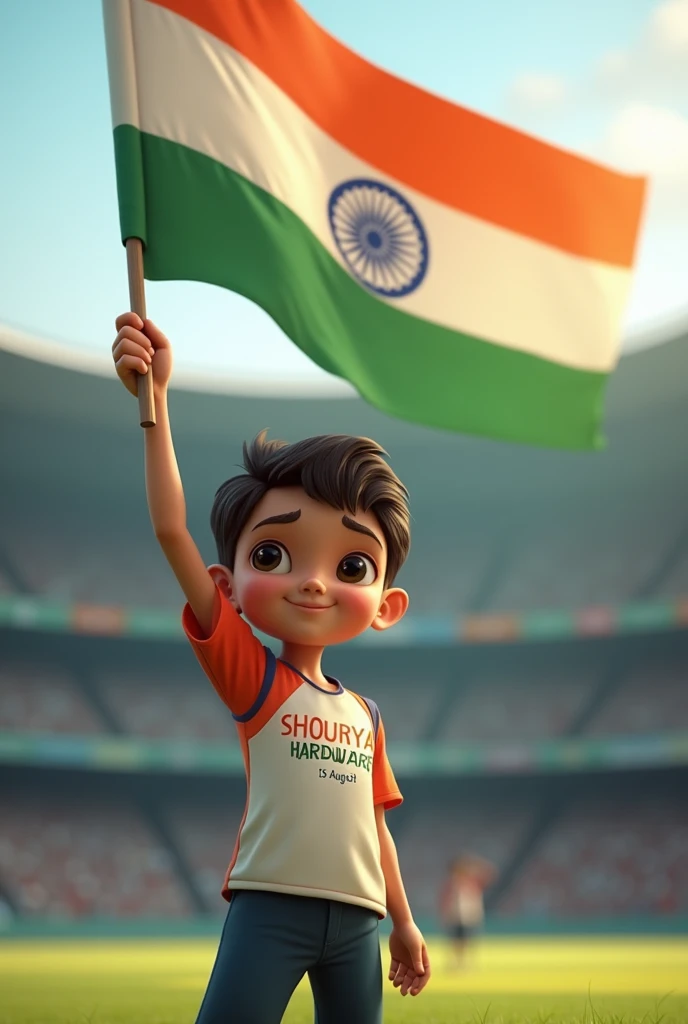 Boy saluting indian flag wearing a indias sport tishart, " SHOURYA
HARDWARE"
Name on t-shirt back said, back said view 15 August text on t-shirt boy stand on indian stediam