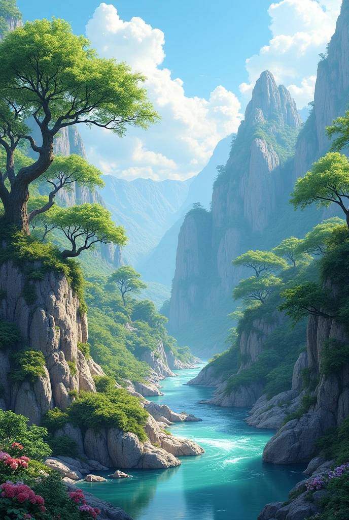 (masterpiece),(best quality:1.5),(highres), wallpaper 8k, Very fine image details,Soft light, Trees, flowers, grass, rivers, water, rocks, cliffs,