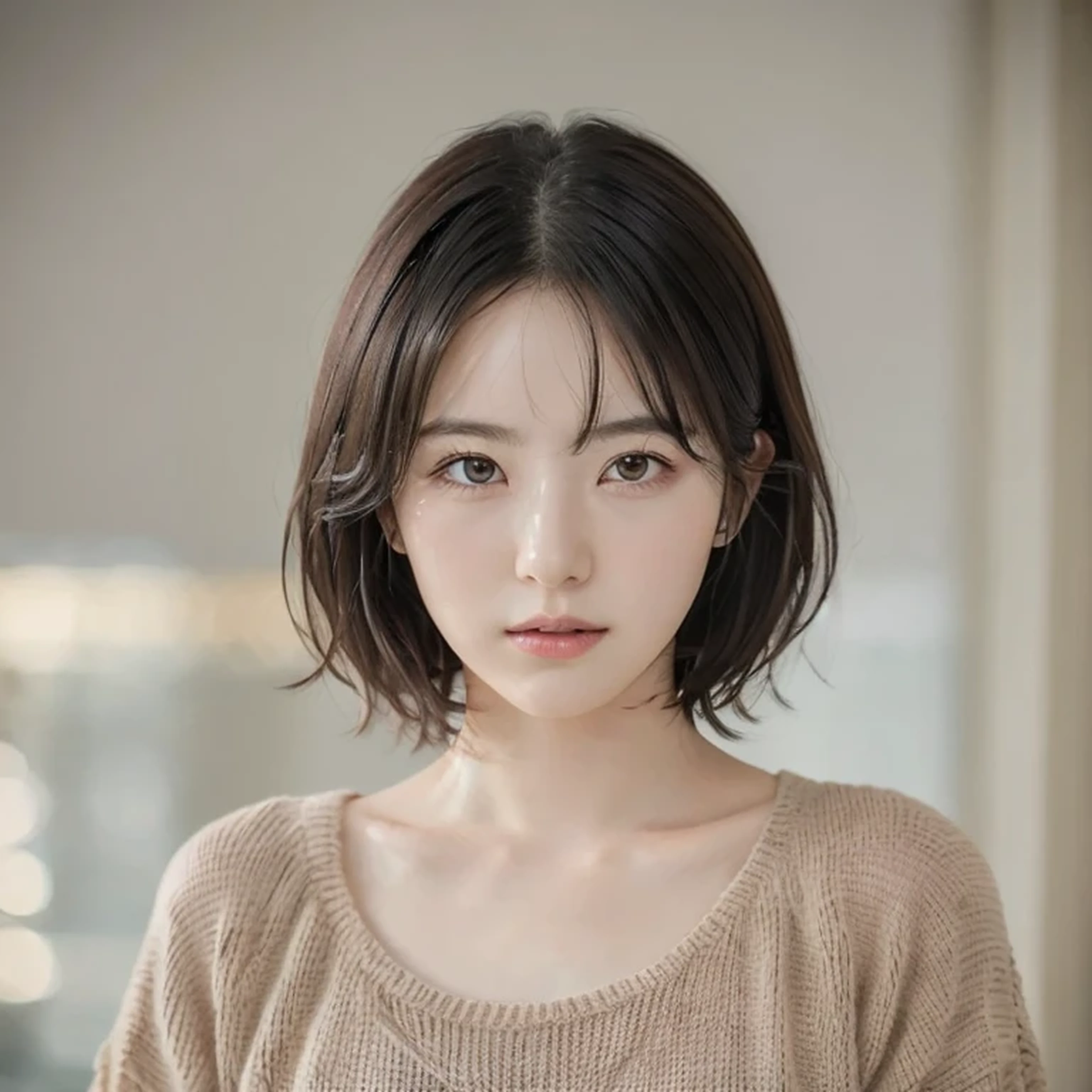 (masterpiece:1.3), (8k, Realistic, RAW Photos, Highest quality: 1.4), (One girl), Beautiful Face, (Realistic Face), (Black Hair, short hair:1.3), Beautiful hairstyle, Realistic eyes, Beautiful attention to detail, (Realistic Skin), Beautiful Skin, (sweater), Absurd, Charm, Ultra-high resolution, Ultra-realistic, Very detailed, Golden Ratio