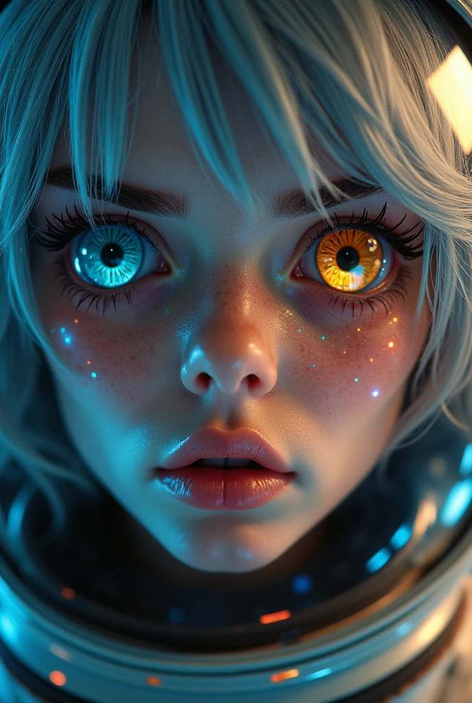 (Close-up of a better masterpiece:1.5)0.9], (Space and astronauts:1.2) (Messy silver hair:1.1) (Heterochromia xanthochromia and blue eyes:1.2) (Space Helmet:1.0) (Colored stars in the eyes:1.0) (A radiant glow:1.1) (thick lips:0.9)